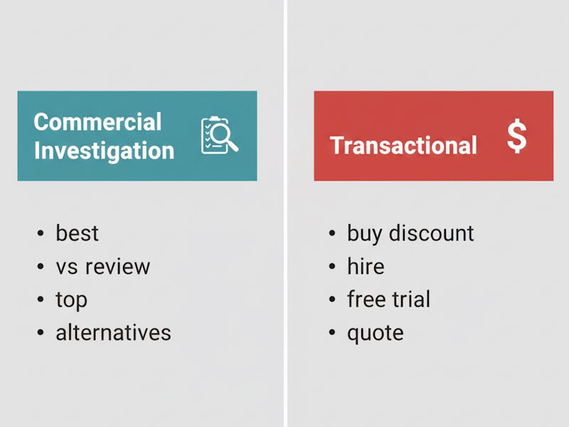 A graphic comparing keyword modifiers for high-intent searches, showing 'Commercial Investigation' terms like 'best' and 'vs' on one side, and 'Transactional' terms like 'buy' and 'discount' on the other.