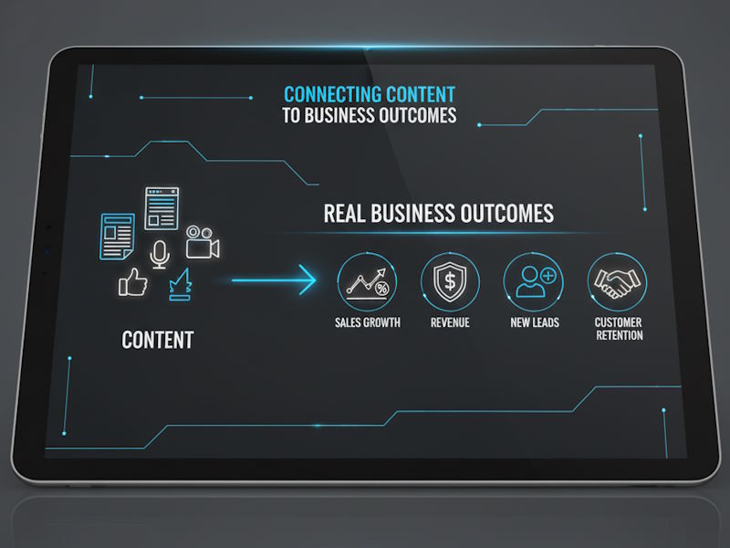 A digital tablet displaying an infographic that connects content marketing icons to real business outcomes like sales growth, revenue, new leads, and customer retention