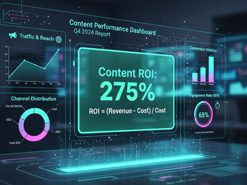 A content marketing analytics dashboard showing various performance graphs and KPIs, including a prominent ROI calculation, to measure the success of a content strategy.