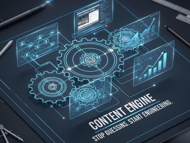 A detailed content strategy blueprint on a dark surface, showing a content engine with glowing gears, graphs, and social media icons, with the text 'Content Engine: Stop Guessing, Start Engineering'