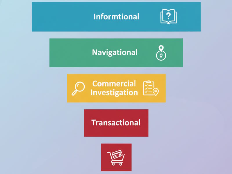 A diagram illustrating the four types of search intent: Informational (question mark icon), Navigational (map pin icon), Commercial Investigation (magnifying glass icon), and Transactional (shopping cart icon).