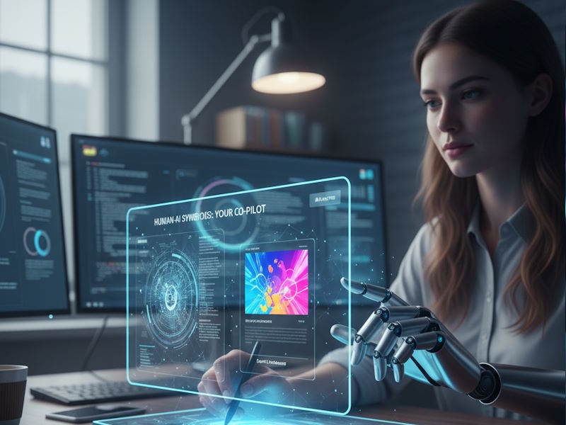A female content strategist working at her desk alongside a robotic arm, both interacting with a holographic interface, representing the Human-AI symbiosis in content creation.