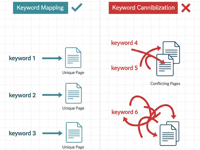 A diagram contrasting good keyword mapping, where each keyword points to a unique page, with bad keyword cannibalization, where multiple keywords and pages have tangled, conflicting target arrows.