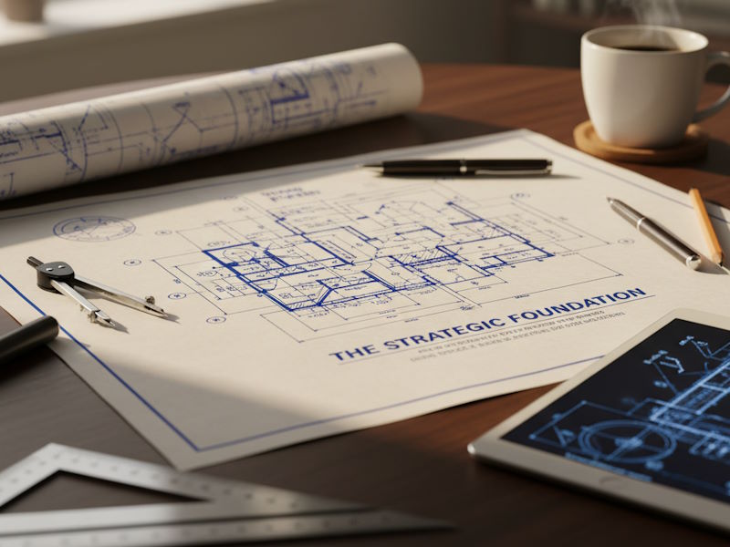 An architect's desk showing a blueprint titled 'The Strategic Foundation,' surrounded by drafting tools, a tablet, and a cup of coffee, symbolizing a well-planned content strategy.