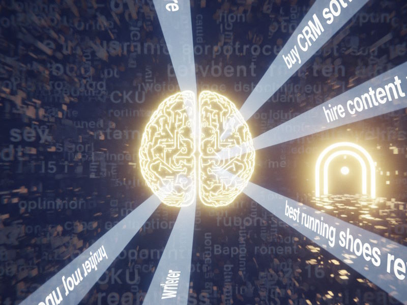 An abstract image illustrating keyword research as a superpower, showing focused beams of high-intent keywords emerging from a glowing mind and cutting through chaos to hit a target.