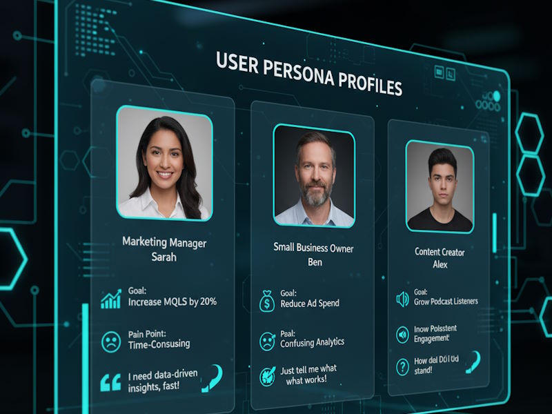 A screen displaying three distinct user persona profiles for a content strategy, with photos, names, and details about their goals and pain points.